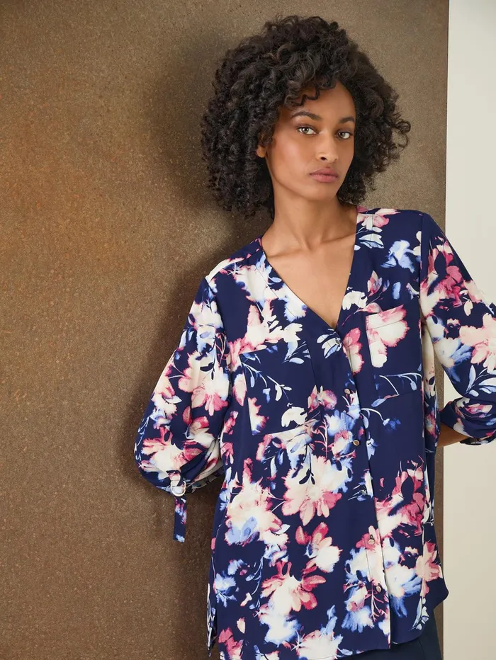 Floral ButtonFront Collarless Tunic Crepe De Chine Women Jones New York Tops and Blouses Floral ButtonFront Collarless Tunic Crepe De Chine Women Jones New York Tops and Blouses