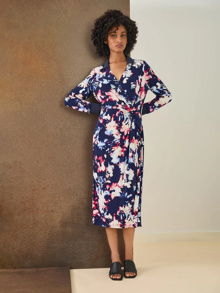 Floral Collared Twist Wrap Midi Dress Women Jones New York Sale