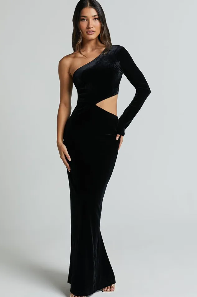 Gabbie Maxi Dress 8211 Velvet One Shoulder Cut Out Dress In Black Women Showpo Dresses