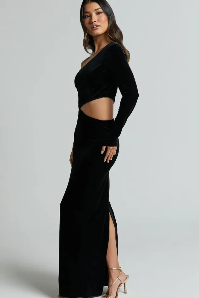 Gabbie Maxi Dress 8211 Velvet One Shoulder Cut Out Dress In Black Women Showpo Dresses