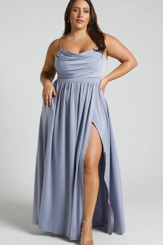 Gemalyn Maxi Dress 8211 Cowl Neck Thigh Split Dress In Sky Blue Women Showpo Curve Clothes