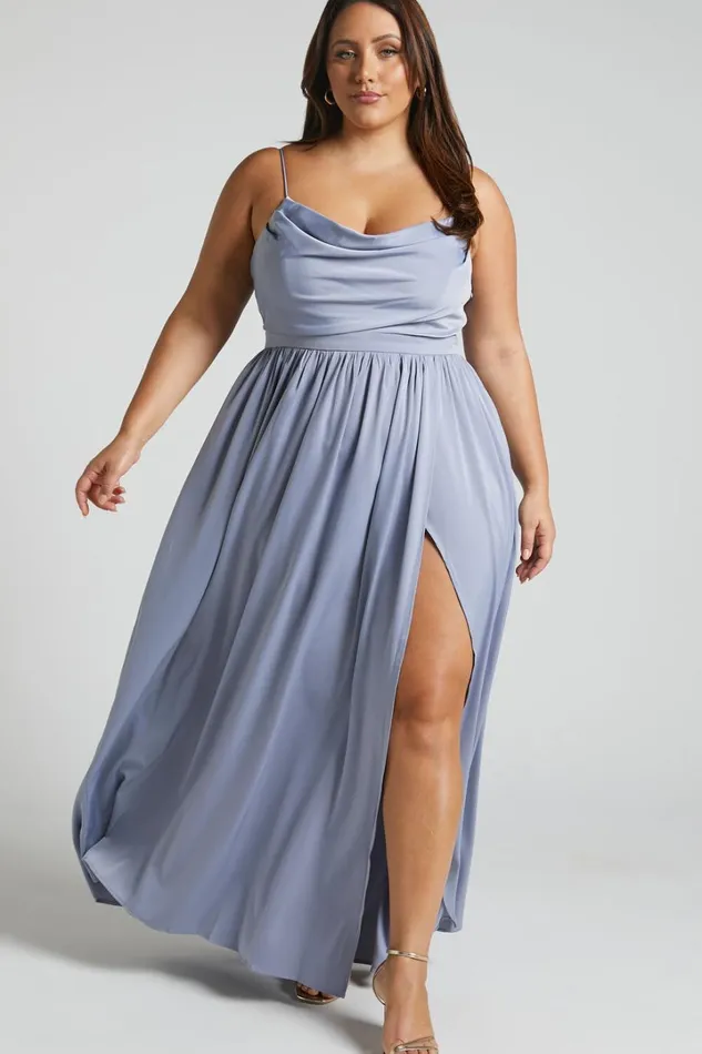 Gemalyn Maxi Dress 8211 Cowl Neck Thigh Split Dress In Sky Blue Women Showpo Curve Clothes