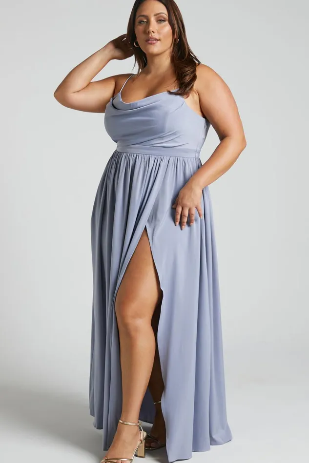 Gemalyn Maxi Dress 8211 Cowl Neck Thigh Split Dress In Sky Blue Women Showpo Curve Clothes