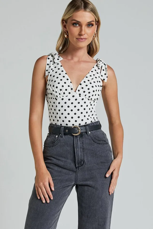 Ghent Top 8211 Shoulder Tie Plunge Top In Black And White Spot Women Showpo Tops