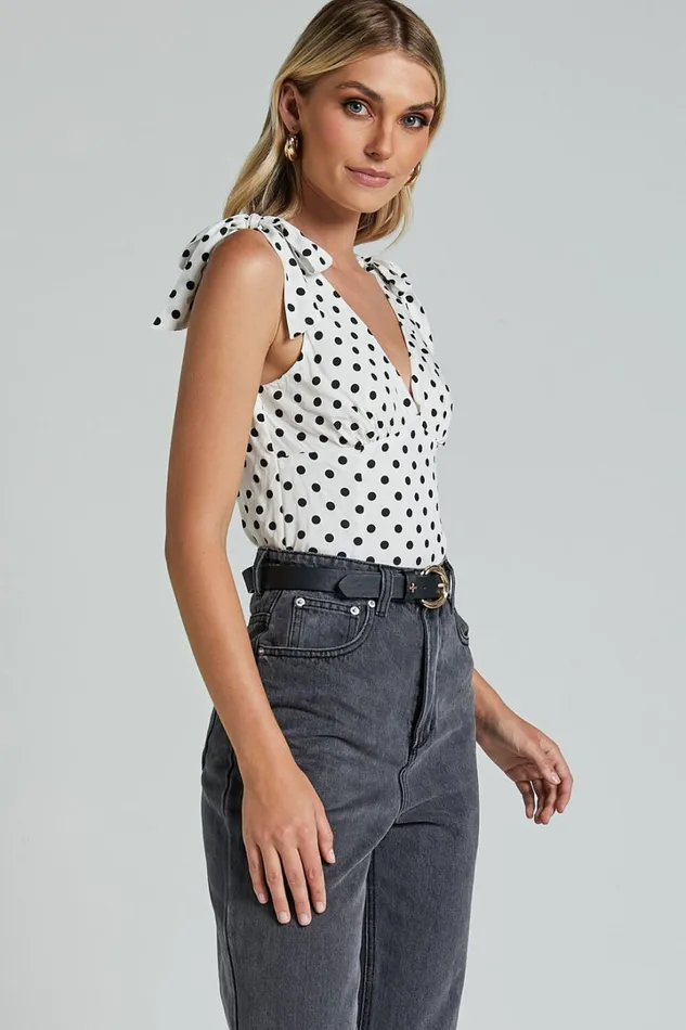 Ghent Top 8211 Shoulder Tie Plunge Top In Black And White Spot Women Showpo Tops