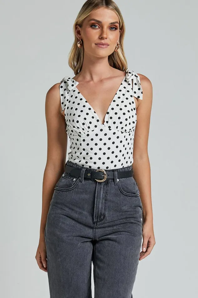 Ghent Top 8211 Shoulder Tie Plunge Top In Black And White Spot Women Showpo Tops