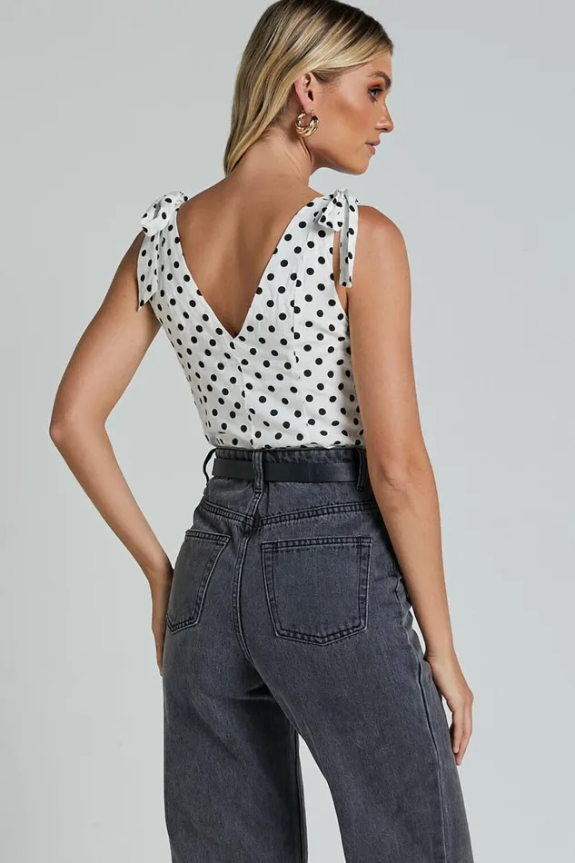 Ghent Top 8211 Shoulder Tie Plunge Top In Black And White Spot Women Showpo Tops