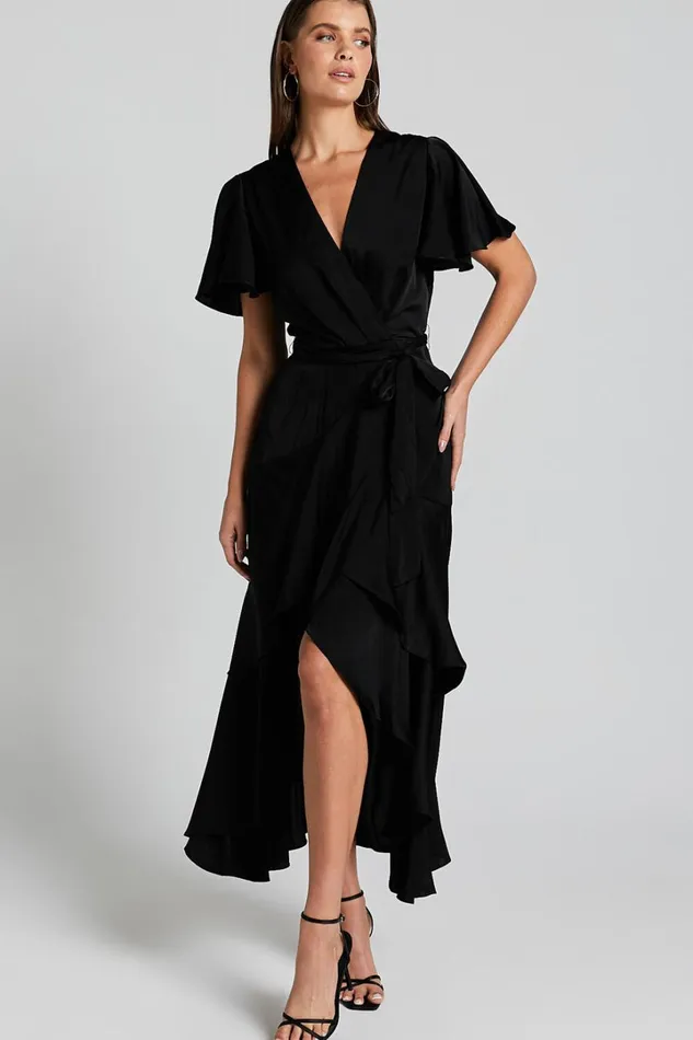 Glena Midi Dress 8211 V Neck Short Flutter Sleeve Wrap In Black Women Showpo Dresses