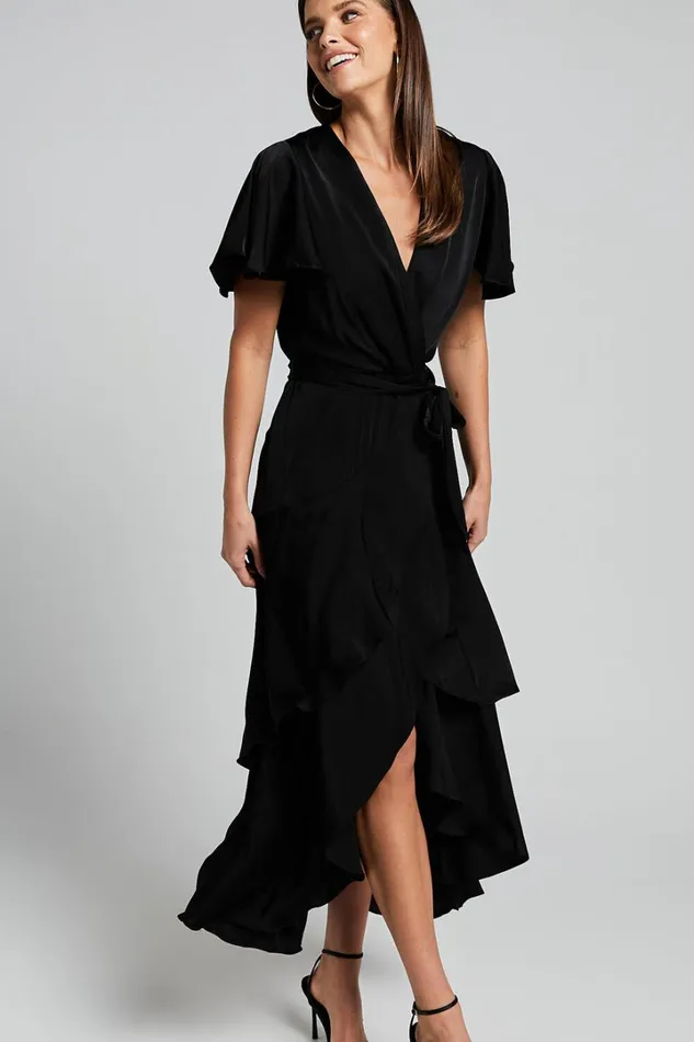 Glena Midi Dress 8211 V Neck Short Flutter Sleeve Wrap In Black Women Showpo Dresses