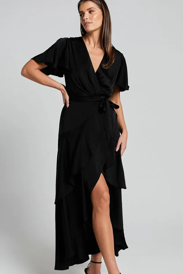 Glena Midi Dress 8211 V Neck Short Flutter Sleeve Wrap In Black Women Showpo Dresses