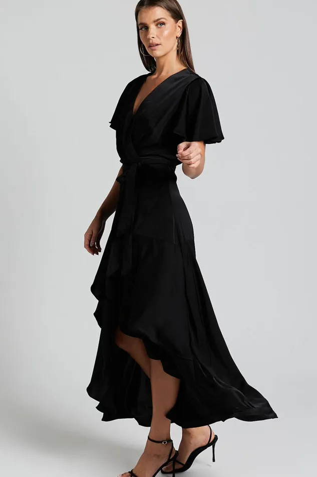 Glena Midi Dress 8211 V Neck Short Flutter Sleeve Wrap In Black Women Showpo Dresses