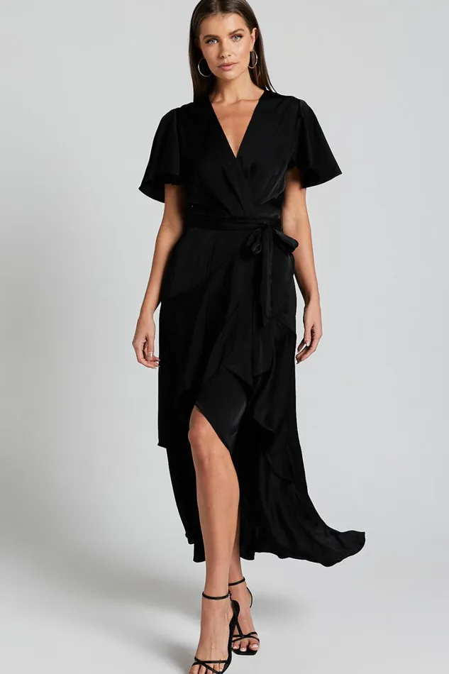 Glena Midi Dress 8211 V Neck Short Flutter Sleeve Wrap In Black Women Showpo Dresses