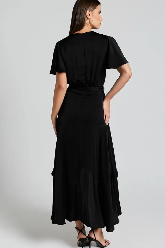 Glena Midi Dress 8211 V Neck Short Flutter Sleeve Wrap In Black Women Showpo Dresses