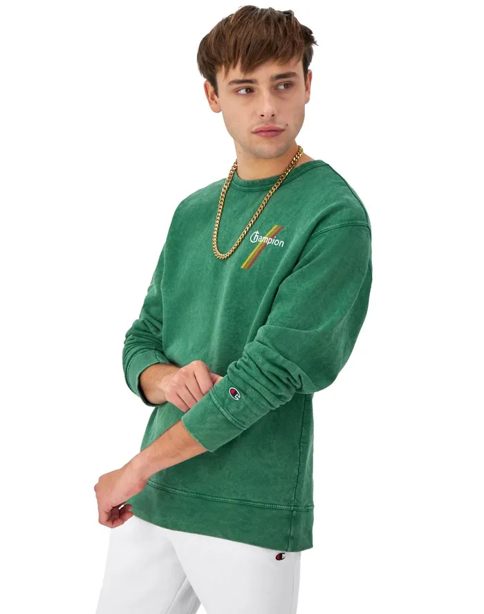 Graphic Crewneck Sweatshirt Mineral Dye TriColor Stripes Logo Mineral Dye Road Sign Green Men Champion Hoodies and Sweatshirts