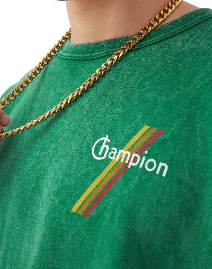 Graphic Crewneck Sweatshirt Mineral Dye TriColor Stripes Logo Mineral Dye Road Sign Green Men Champion Hoodies and Sweatshirts