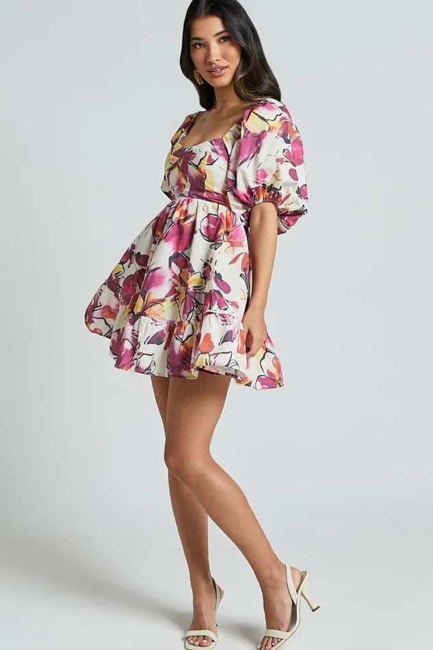 Gretchen Mini Dress 8211 Puff Sleeve Babydoll Dress In Dahlia Dusk Floral Women Showpo Dresses