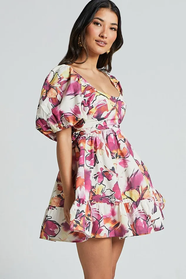 Gretchen Mini Dress 8211 Puff Sleeve Babydoll Dress In Dahlia Dusk Floral Women Showpo Dresses
