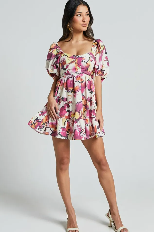 Gretchen Mini Dress 8211 Puff Sleeve Babydoll Dress In Dahlia Dusk Floral Women Showpo Dresses