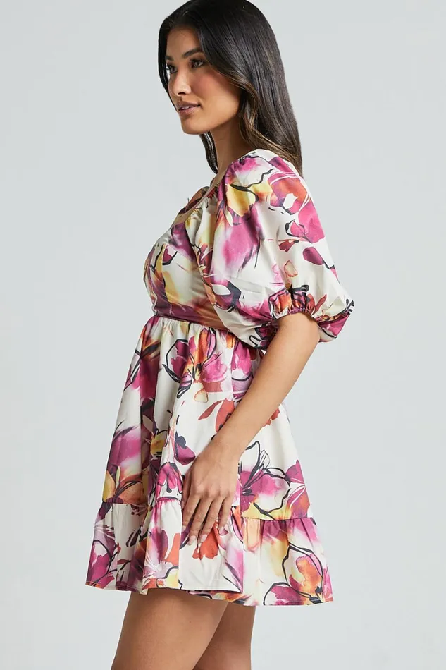 Gretchen Mini Dress 8211 Puff Sleeve Babydoll Dress In Dahlia Dusk Floral Women Showpo Dresses