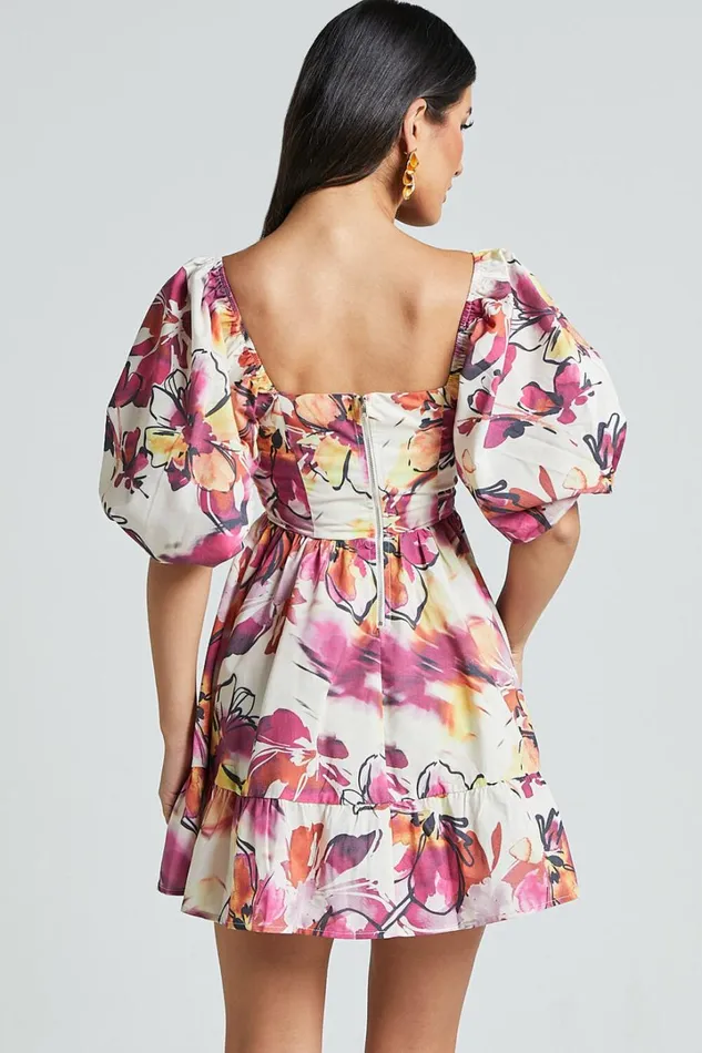 Gretchen Mini Dress 8211 Puff Sleeve Babydoll Dress In Dahlia Dusk Floral Women Showpo Dresses