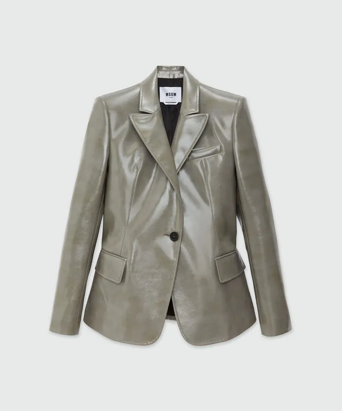 Grey Patent Leather SingleBreasted Jacket Women MSGM Blazers