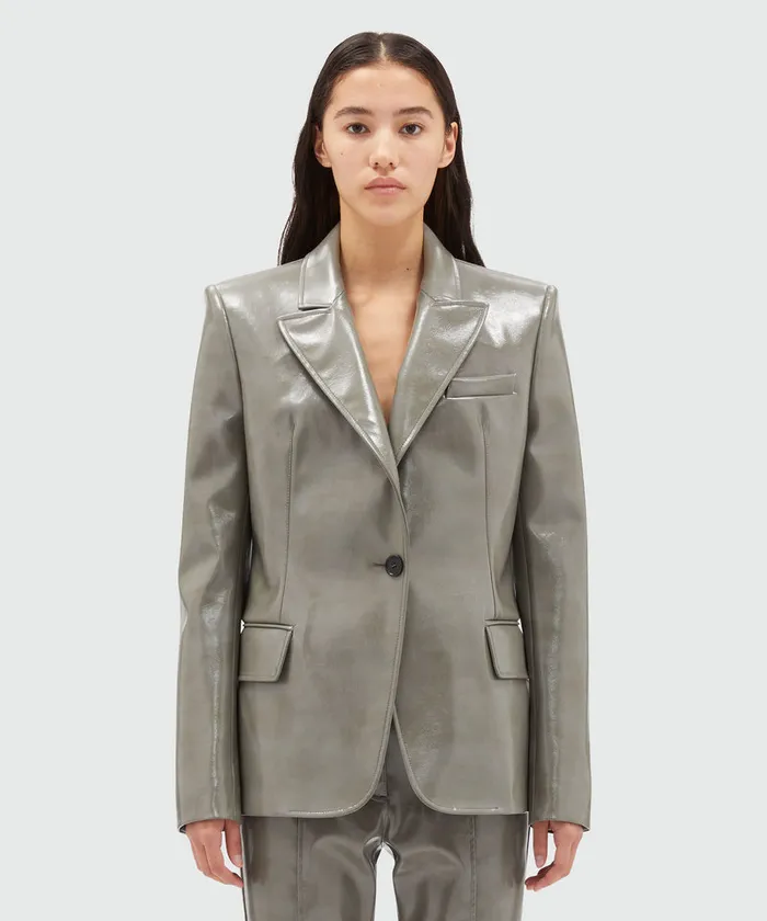Grey Patent Leather SingleBreasted Jacket Women MSGM Blazers
