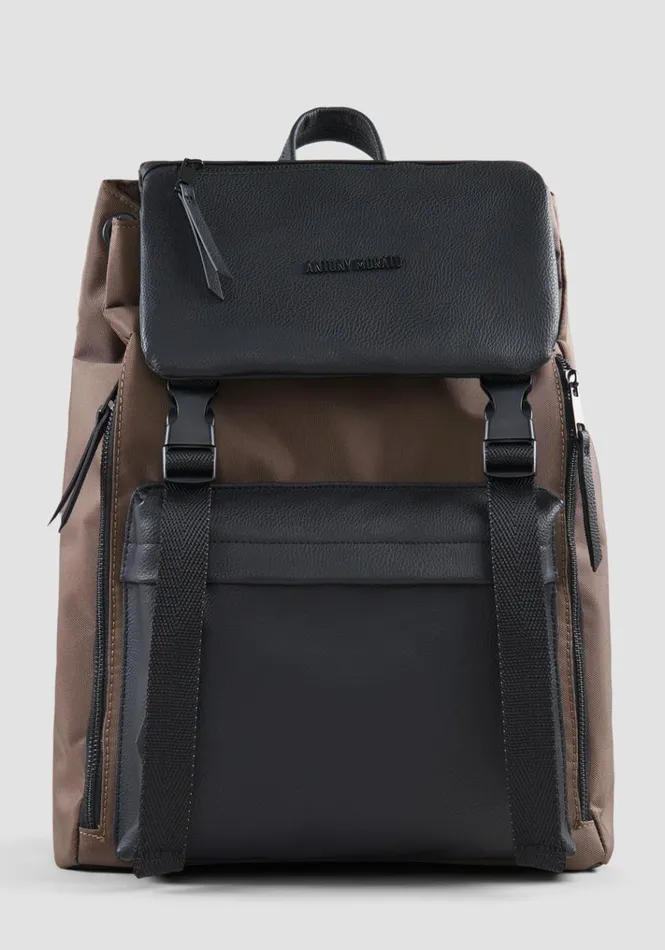 Handbags Men Antony Morato Backpack In Nylon And Faux Tumbled Leather Dark Tobacco