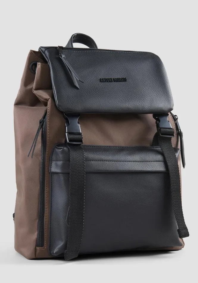 Handbags Men Antony Morato Backpack In Nylon And Faux Tumbled Leather Dark Tobacco