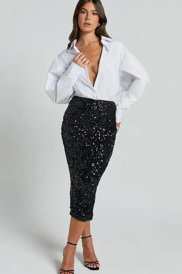 Hasley Midi Skirt 8211 Sequin Bodycon Skirt In Black Women Showpo Curve Clothes