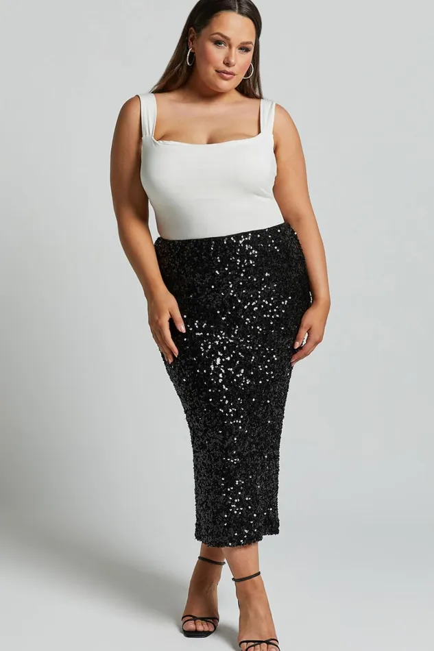 Hasley Midi Skirt 8211 Sequin Bodycon Skirt In Black Women Showpo Curve Clothes
