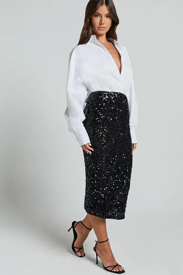 Hasley Midi Skirt 8211 Sequin Bodycon Skirt In Black Women Showpo Curve Clothes