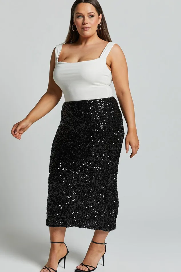 Hasley Midi Skirt 8211 Sequin Bodycon Skirt In Black Women Showpo Curve Clothes