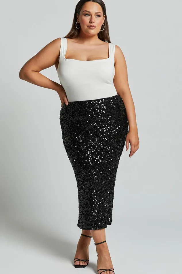 Hasley Midi Skirt 8211 Sequin Bodycon Skirt In Black Women Showpo Curve Clothes