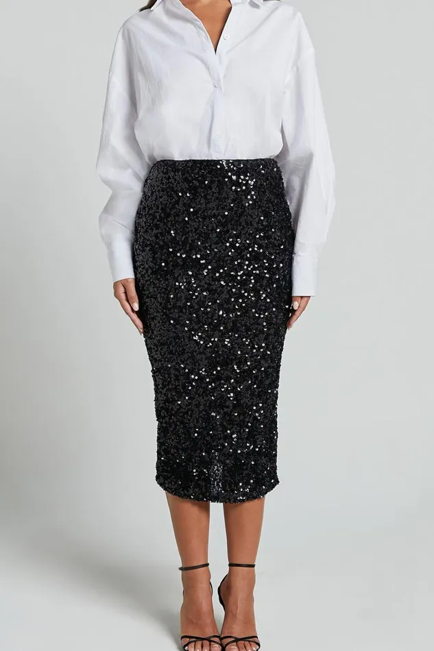 Hasley Midi Skirt 8211 Sequin Bodycon Skirt In Black Women Showpo Curve Clothes