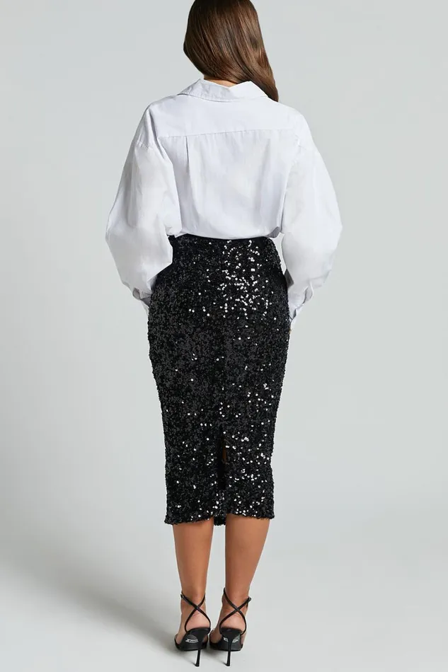 Hasley Midi Skirt 8211 Sequin Bodycon Skirt In Black Women Showpo Curve Clothes