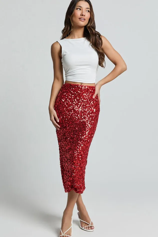 Hasley Midi Skirt 8211 Sequin Bodycon Skirt In Red Women Showpo Curve Clothes