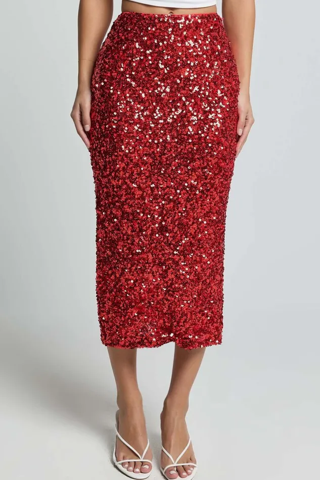 Hasley Midi Skirt 8211 Sequin Bodycon Skirt In Red Women Showpo Curve Clothes