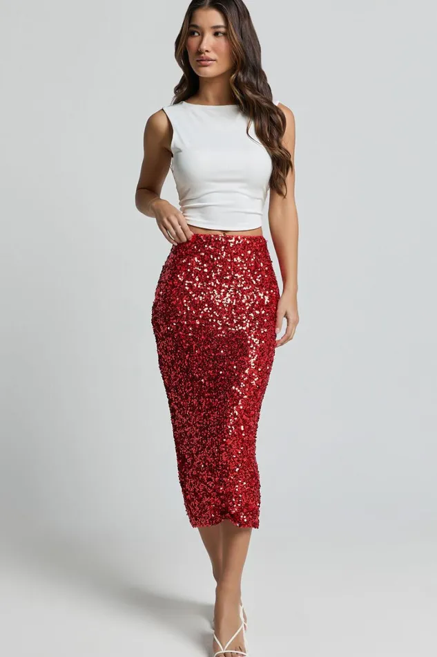 Hasley Midi Skirt 8211 Sequin Bodycon Skirt In Red Women Showpo Curve Clothes