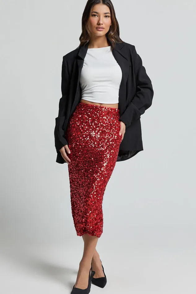 Hasley Midi Skirt 8211 Sequin Bodycon Skirt In Red Women Showpo Curve Clothes