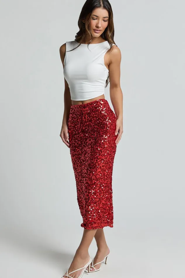 Hasley Midi Skirt 8211 Sequin Bodycon Skirt In Red Women Showpo Curve Clothes