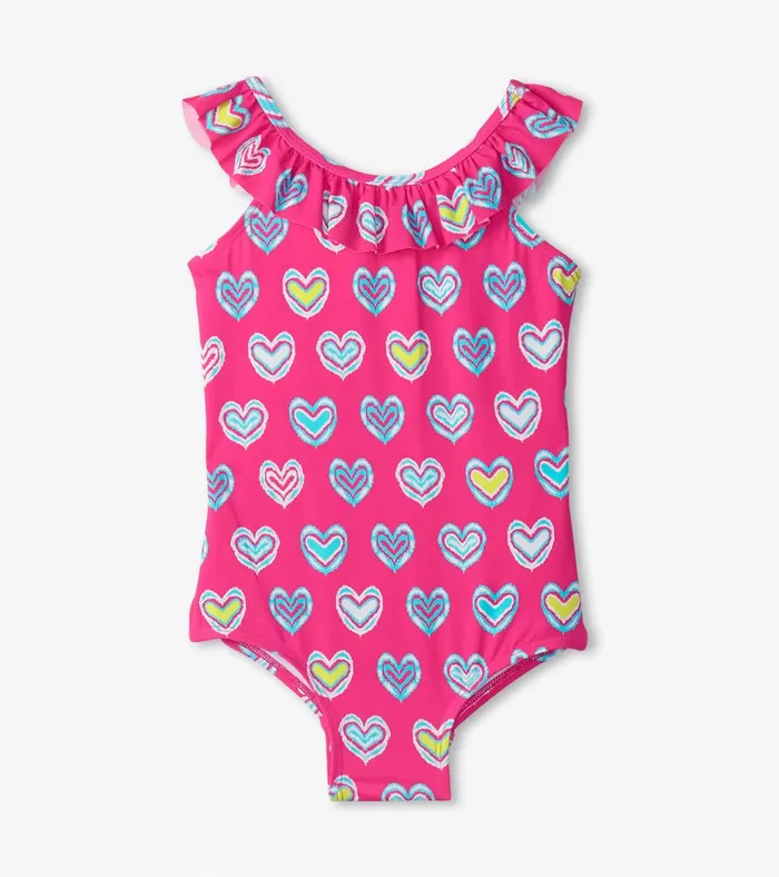 Hatley Girls Pink Shibori Hearts Ruffle Sleeve Swimsuit Girls Swimwear