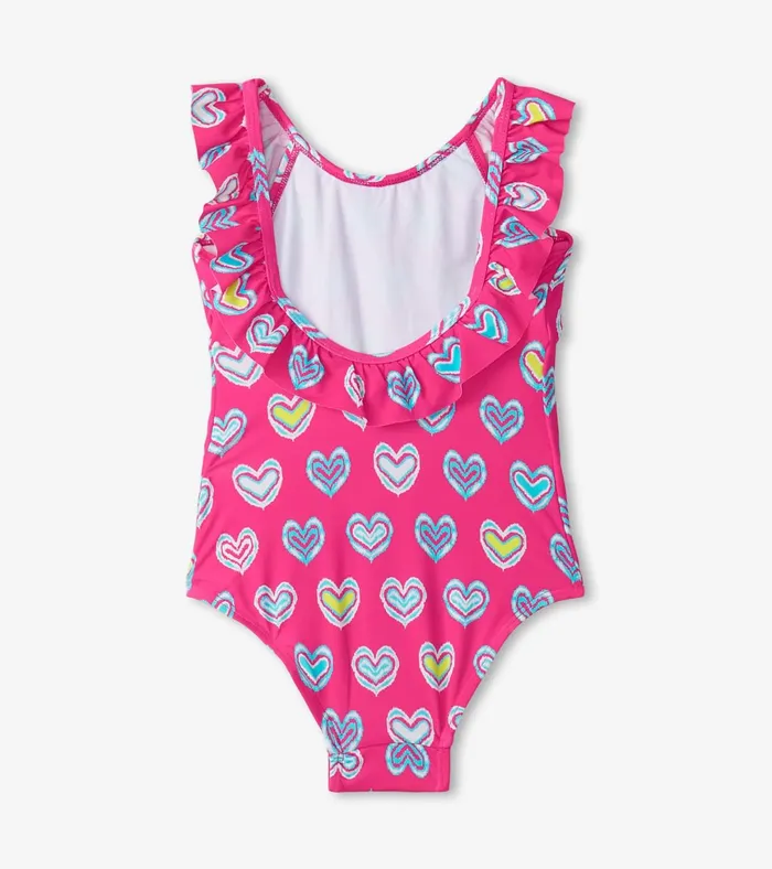 Hatley Girls Pink Shibori Hearts Ruffle Sleeve Swimsuit Girls Swimwear