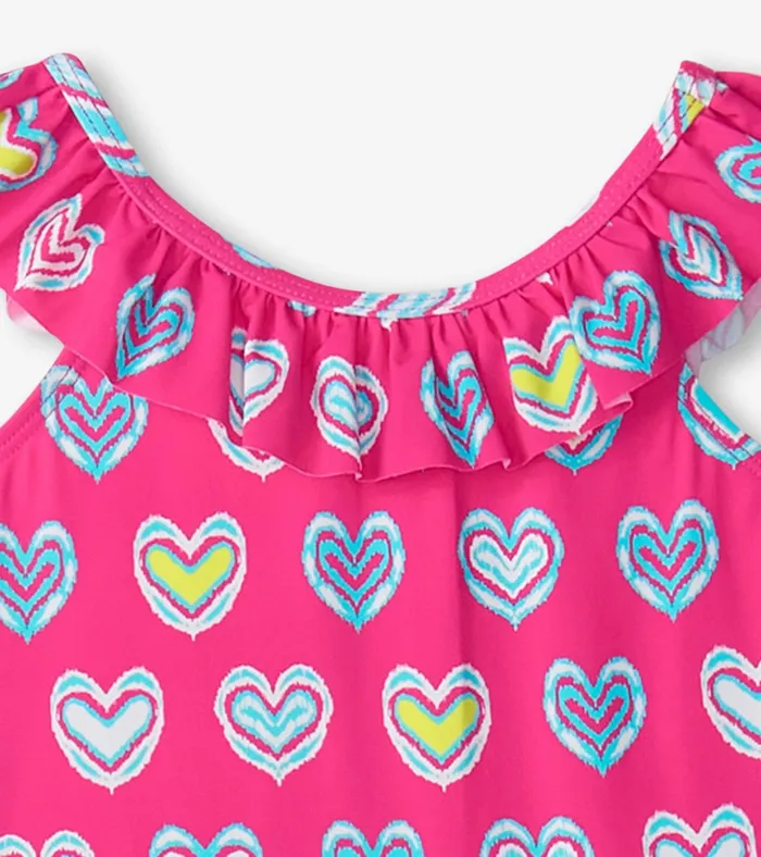 Hatley Girls Pink Shibori Hearts Ruffle Sleeve Swimsuit Girls Swimwear