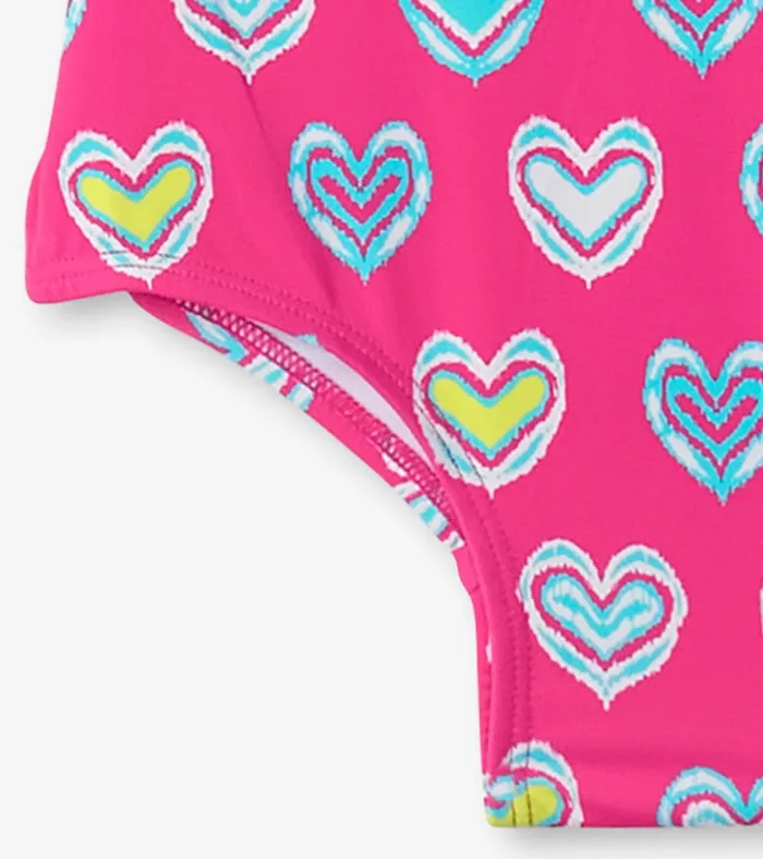 Hatley Girls Pink Shibori Hearts Ruffle Sleeve Swimsuit Girls Swimwear