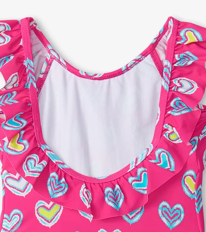 Hatley Girls Pink Shibori Hearts Ruffle Sleeve Swimsuit Girls Swimwear