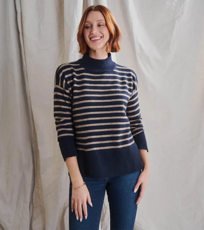 Hatley Mock Neck Tunic 8211 Navy Taupe Stripes Women Sweaters