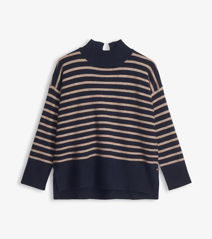 Hatley Mock Neck Tunic 8211 Navy Taupe Stripes Women Sweaters