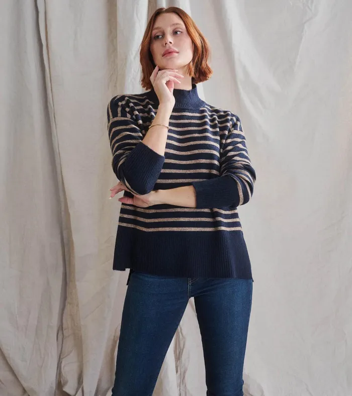 Hatley Mock Neck Tunic 8211 Navy Taupe Stripes Women Sweaters