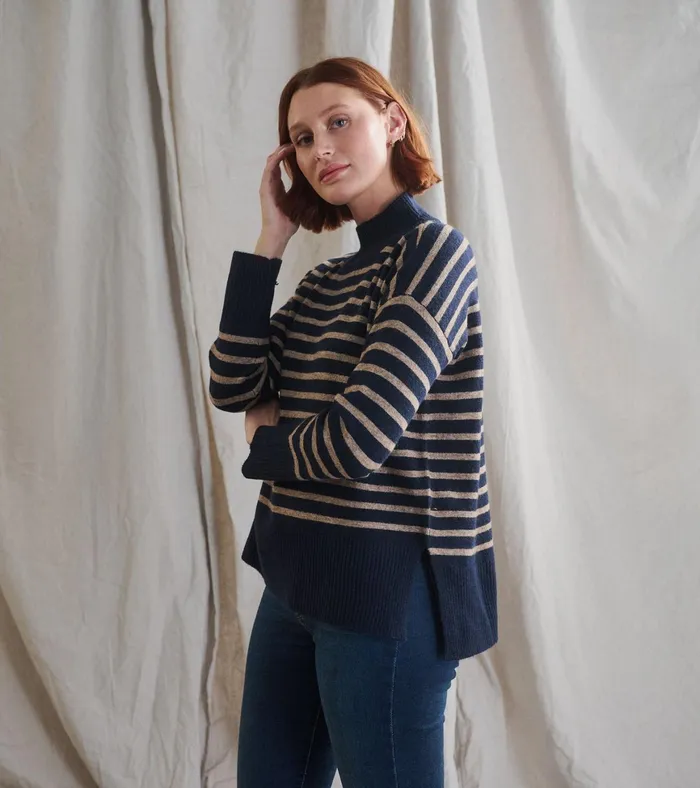 Hatley Mock Neck Tunic 8211 Navy Taupe Stripes Women Sweaters