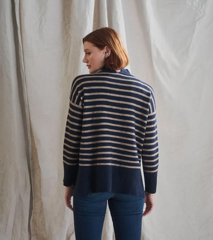 Hatley Mock Neck Tunic 8211 Navy Taupe Stripes Women Sweaters